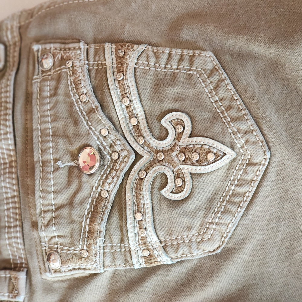 Rock Revival Tan Designer Jeans with Intricate Embroidery